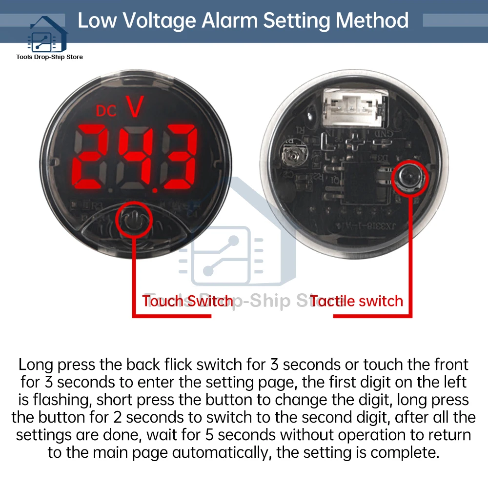 DC 7-120V LED Digital Display Circular 3-wire Voltmeter DC Digital Voltmeter Head Display Reverse Connection Protection Tools