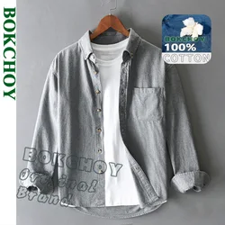 2025 Spring New Solid Color Cargo 100% Cotton Long Sleeve Shirt for Men Loose Simple Classic Daily Shirts AZT704