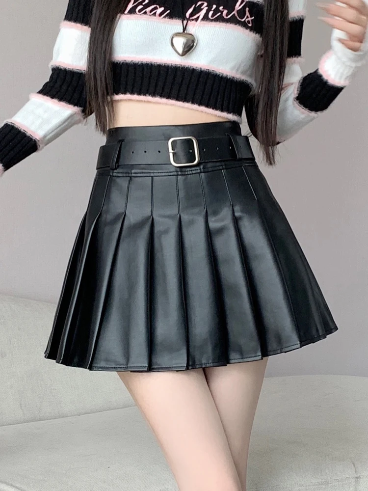 Vintage Faux Leather PU Skirts Black Women High Waist Pleate Skirt with Belt Side Zipper Mini Skirt Girls Streetwear A-Line Saia