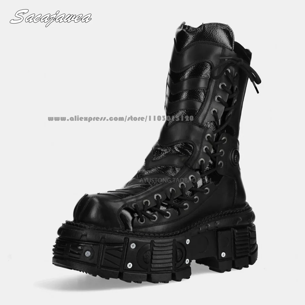 First Cowhide Leather 8CM Heel Mid Calf Motorcycle Boots Size 35-45 Front Lace Up Cool Girl Boots Punk Metal Rivet Casual Shoes