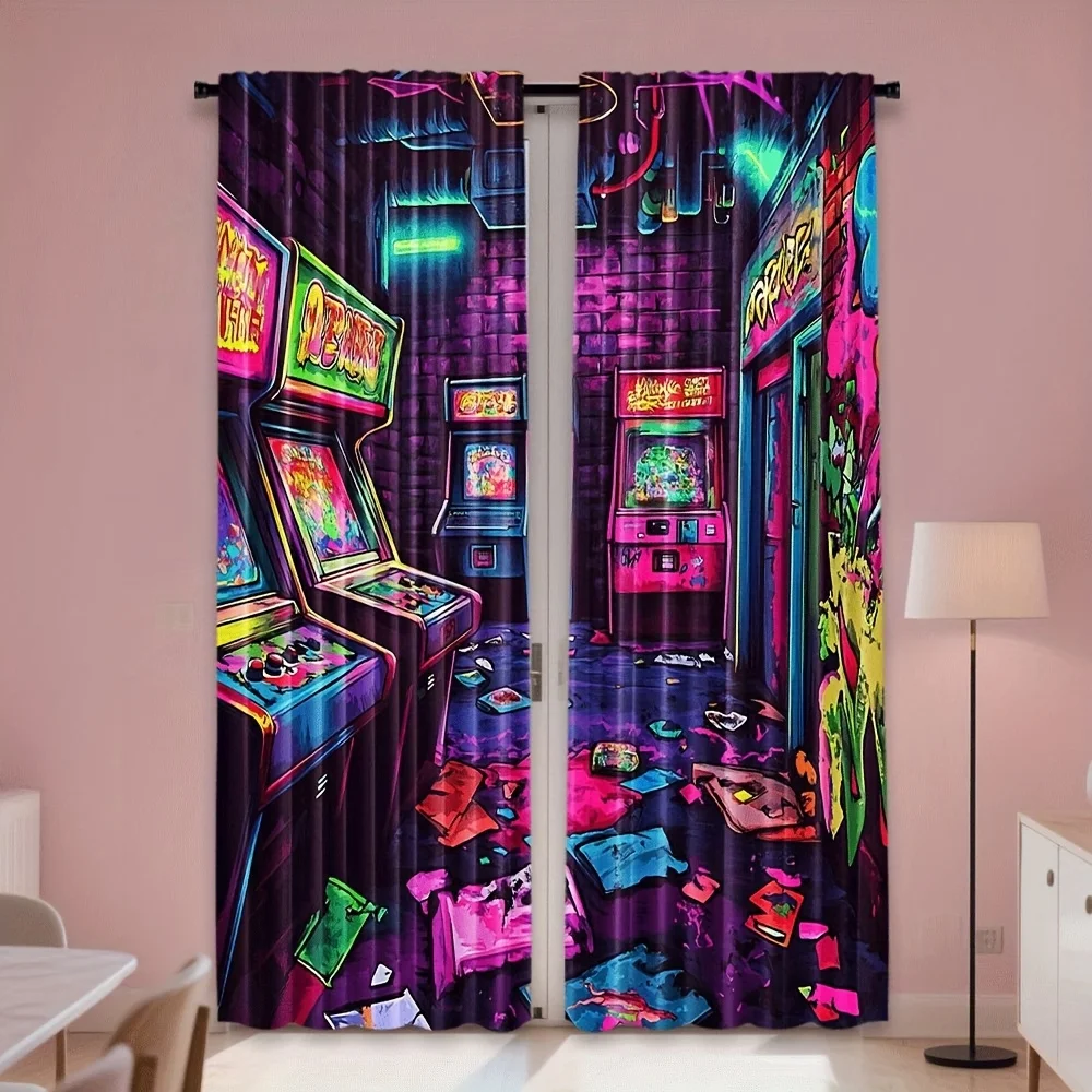 Retro arcade graffiti art design Print Drapes Room Darkening Window Curtains for Home Decor,Rod Pocket Blackout Curtains Bedroom