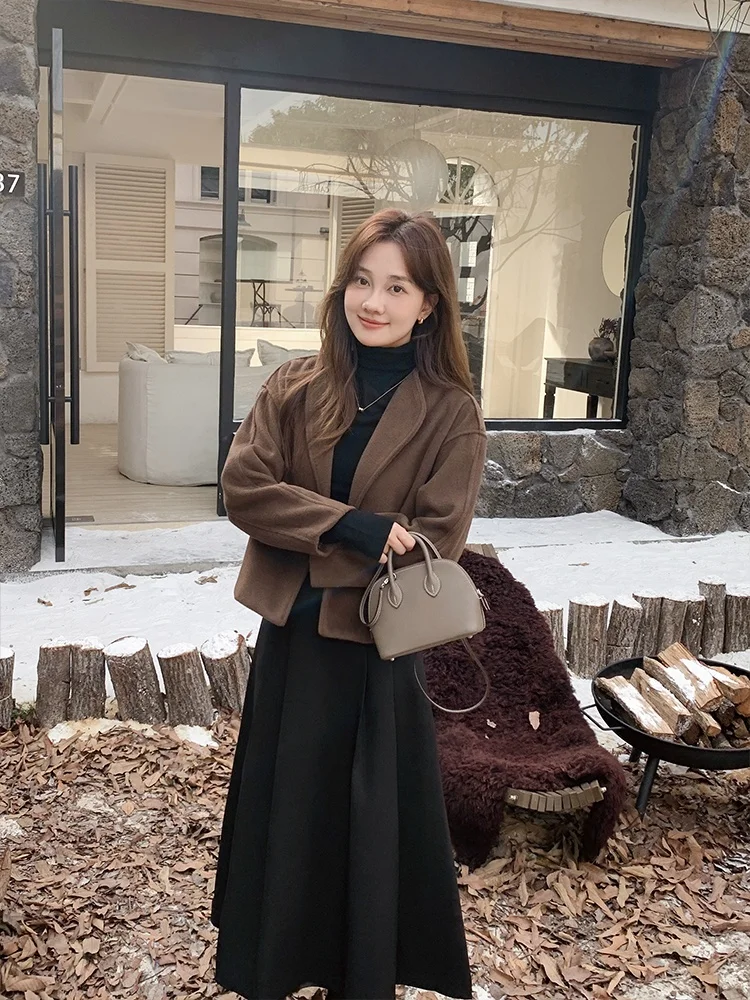 

Hebe Style Short Woolen Coat Women's Autumn Winter Small Size Suit High End Sensation Half Skirt Two Piece Set Fashionable