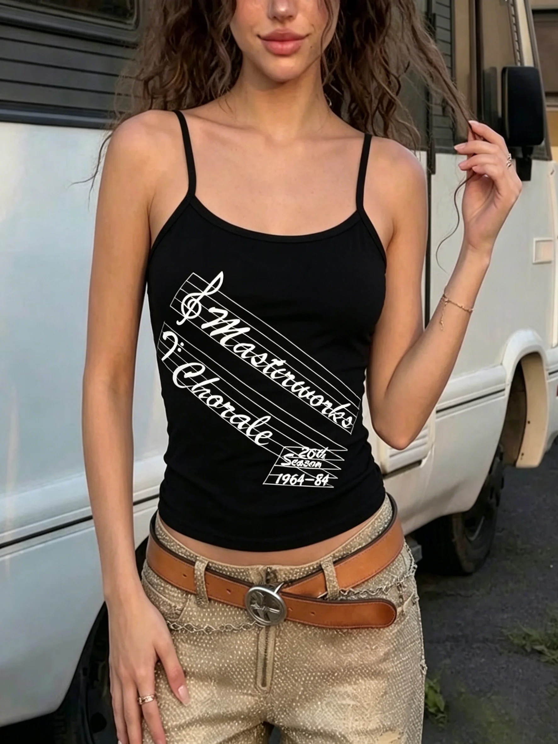 Women Y2K Print Strap Crop Tank Top White Sleeveless Slim Camisole Summer Casual Streetwear Vintage Musical Graphic Cami Vest