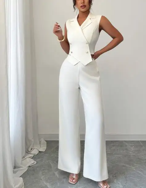Two Piece Set Women Outfit 2026 Spring Summer New Solid Color Notched Collar Sleeveless Crop Top & High Waist Casual Pants Set