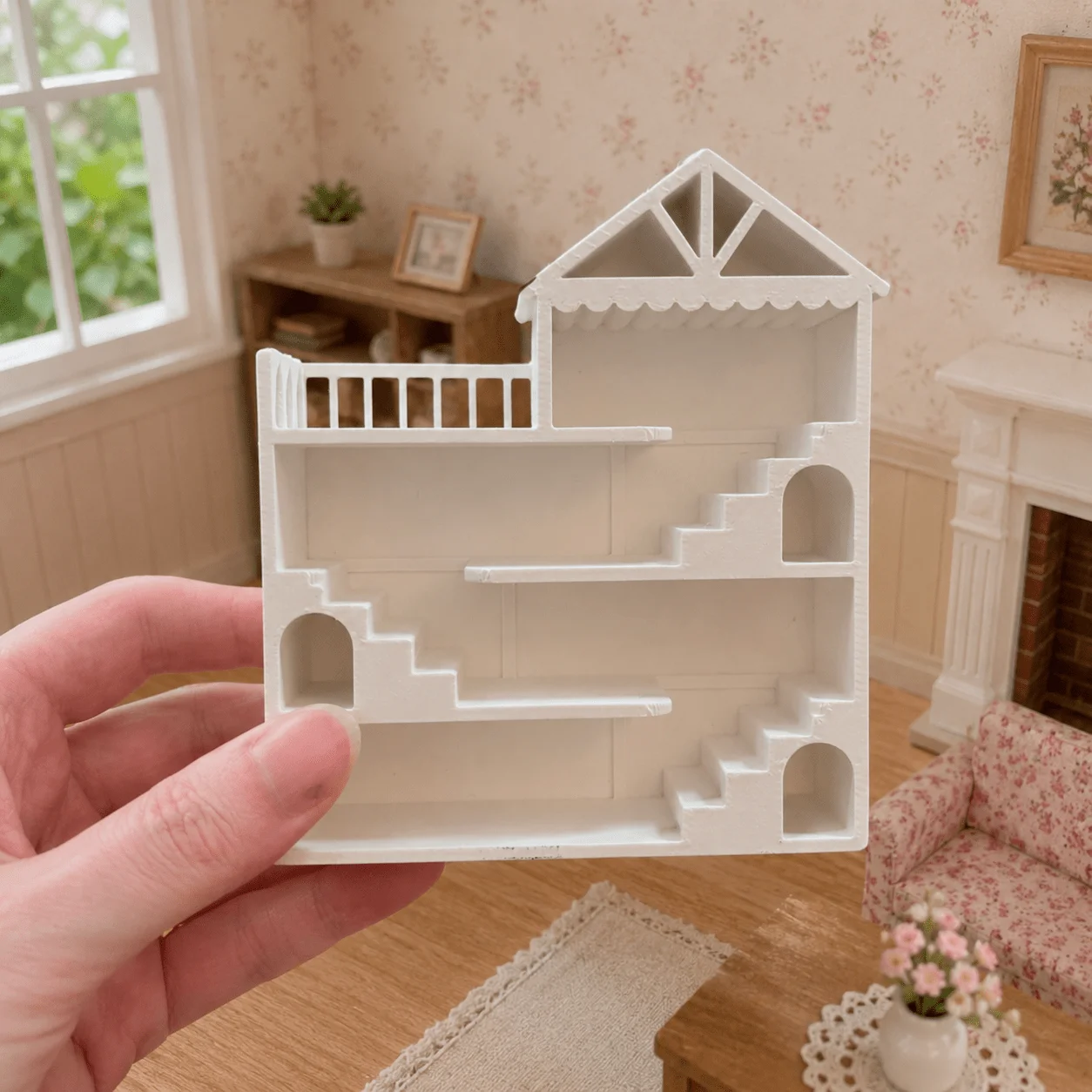 1pc White Multi-Story Staircase Villa Display Shelf, Mini House Scene Storage Rack, Tiered Collectible Organizer with Balcony