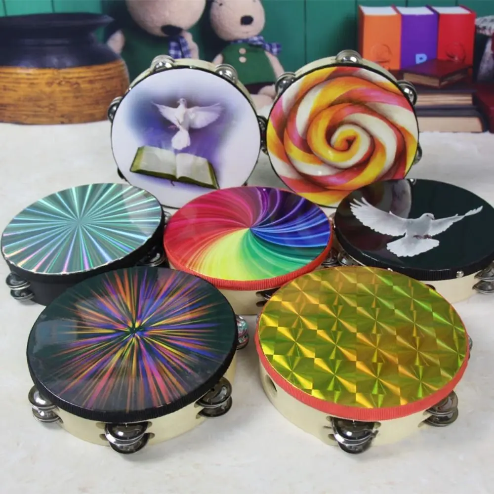 Kids Double Row Hand Held Drum Rainbow Wood 8/10-Inch Tambourine Reflective Educational Children's Drum Party Church