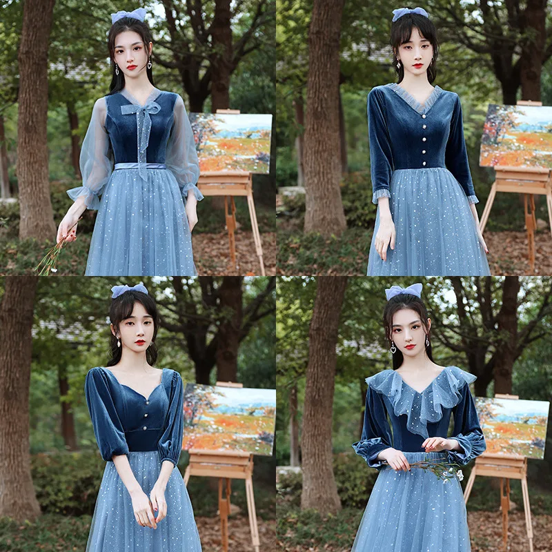 Starry Blue Velvet Spliced Bridesmaid Dress 2023 New Autumn Winter V-Neck Three Quarter Sleeve Vestido A-Line Shiny Tulle Dress