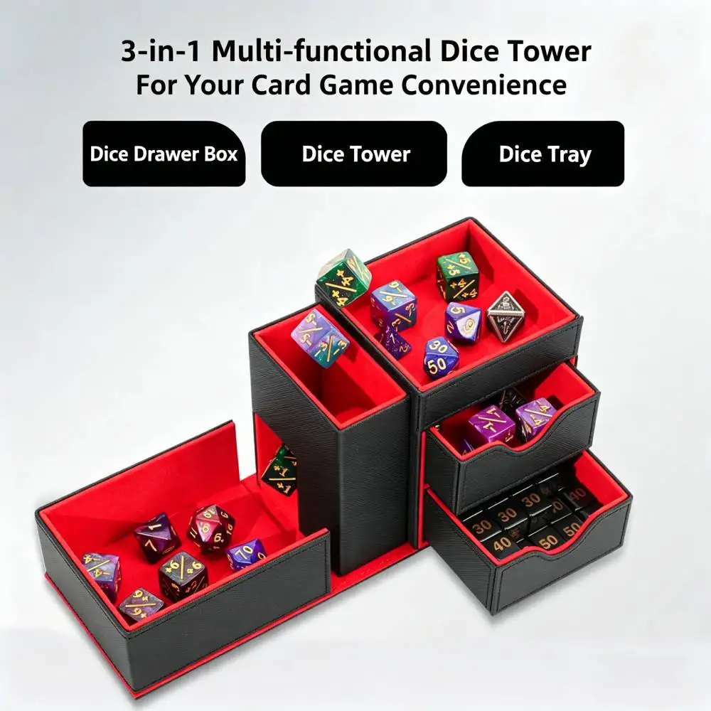 Dice Tower 3-in-1 PU Leather Card Box Card Game Dice Tower Box RPG Game Prop Dice Storage Box for Dungeons & Dragons D&D player