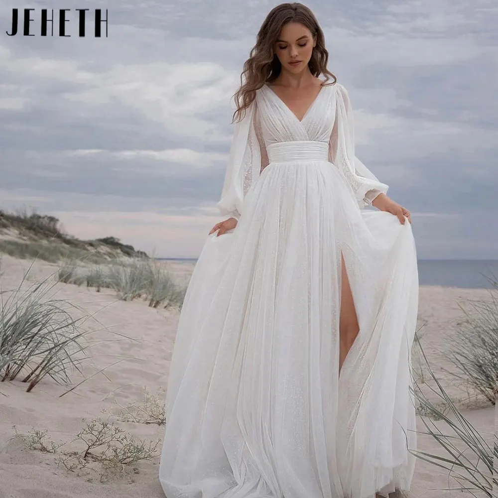 JEHETH Boho High Split A-Line Wedding Dresses 2024 Sexy Long Puff Sleeves Backless Bridal Gowns Vestidos De Novia Custom Made