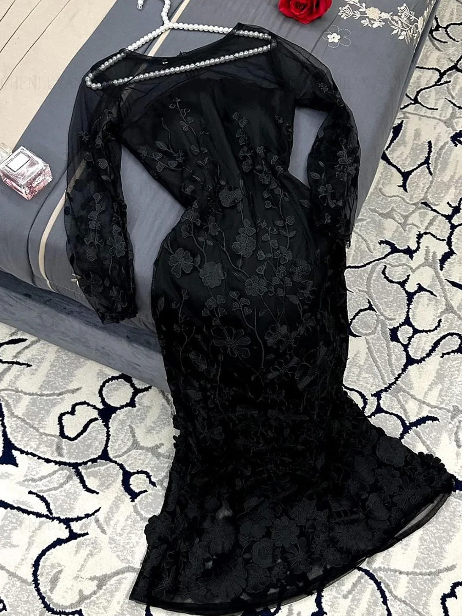 Black Luxury Formal Occasion Dresses 2023 O-Neck Long Sleeves Ball Gowns A-line Sexy Elegant Evening Party Gowns فساتين الحفلات