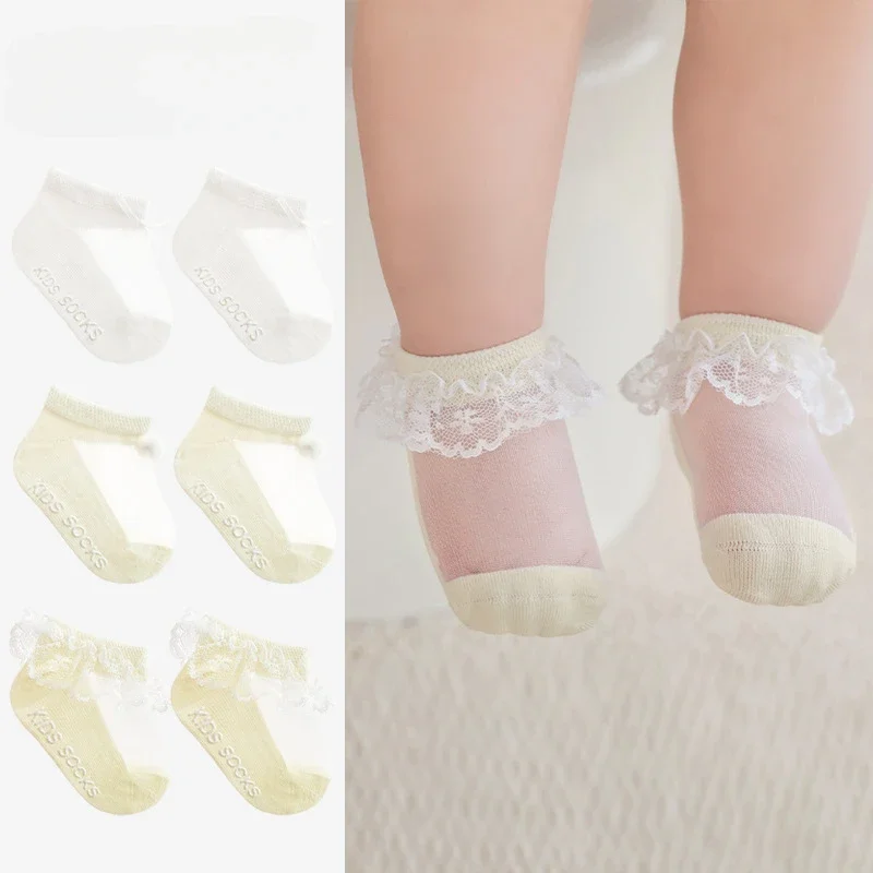 3 Pair Summer Ultra Thin Newborn Baby Socks Set Princess Lace Ankle Socks Soft Combed Cotton Seamless Toe Breathable for Infant