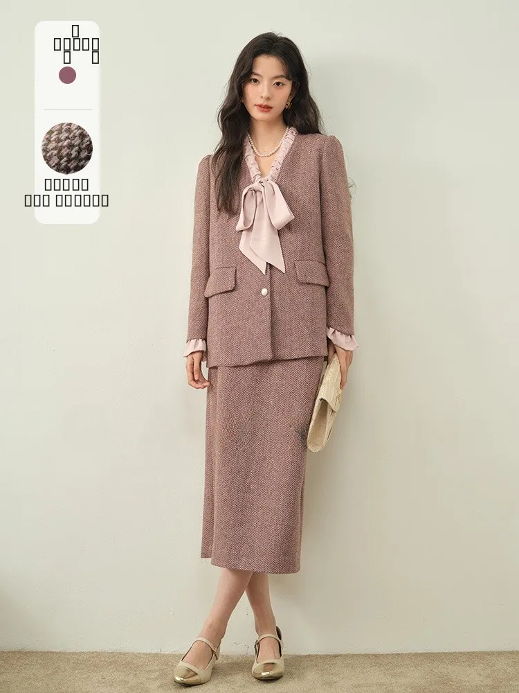 

Фиолетовый шерстяной костюм Gansen: пиджак с галстуком-бабочкой и юбка-карандаш, комплект из двух предметов, дизайн с V-образным вырезом, модный женский костюм