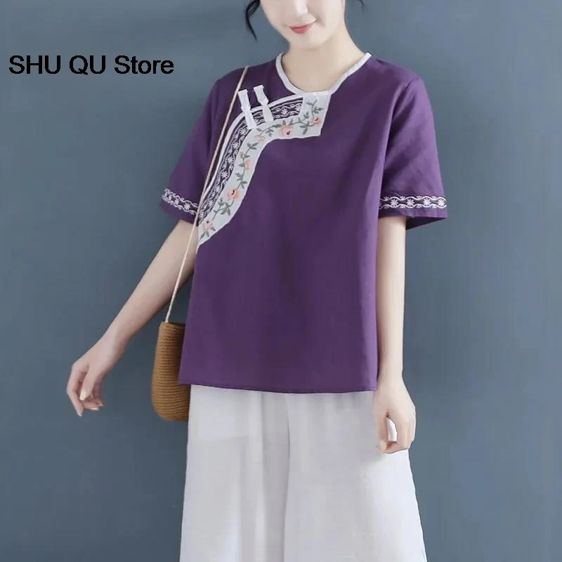 중국 면 및 대마 자수 상의, 동양 한푸, 루즈하고 편안한 상의, 중국 의류, 여름 신상