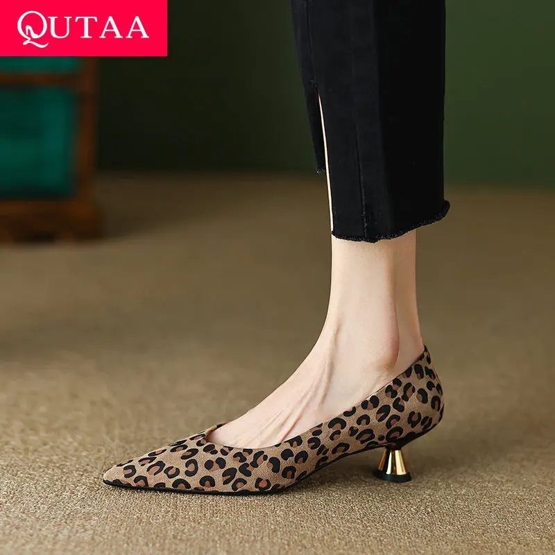 QUTAA 2025, Mode Frauen Pumpt Schuhe Chunky High Heels Frühling Elegante Sommer Leopard Spitz Casual Schuhe Frau Größe 34-39