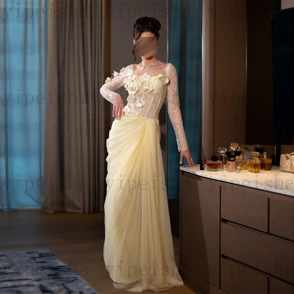 Customized square Collar Formal Evening Dresses 3D Flowers Lace Appliques Pleat Long Prom Gown Modern Draped Tulle Party Dress image 3