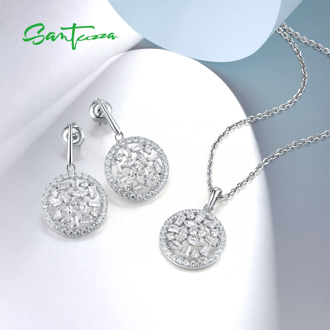 SANTUZZA Real 925 Sterling Silver Jewelry Set For Women White CZ Delicate Earrings Pendant Round Trendy Popular Fine Jewelry