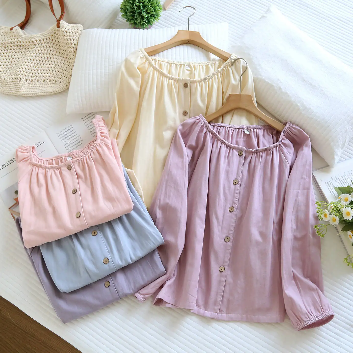 

2025 New Women's Spring/Summer Sleepwear 100% Cotton Solid Color Thin Long Sleeve Nine Leg Pants Loose Home Clothing Set