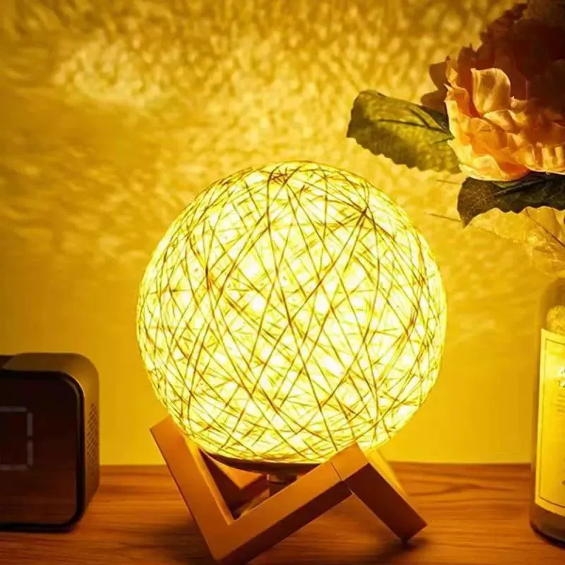 Creative  LED Wooden Ratten Atmosphere Night Light Stepless Dimmable Colorful Type-C Charging Table Lamp Home Decor