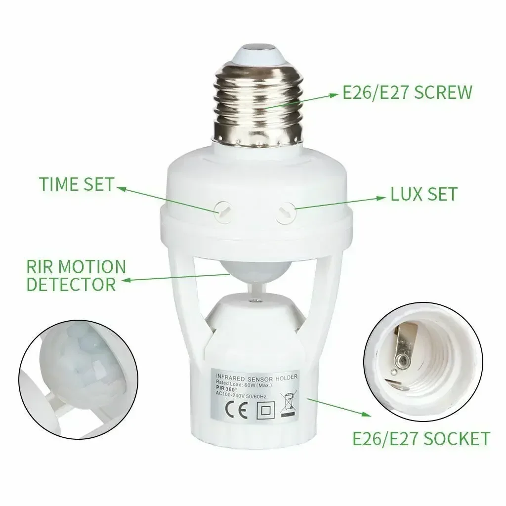 Smart Motion Sensor Light Bulb Holder E27 PIR Induction Sensor Adapter Lamp Base Converter 100~240V Auto ON/OFF Adjustable Delay