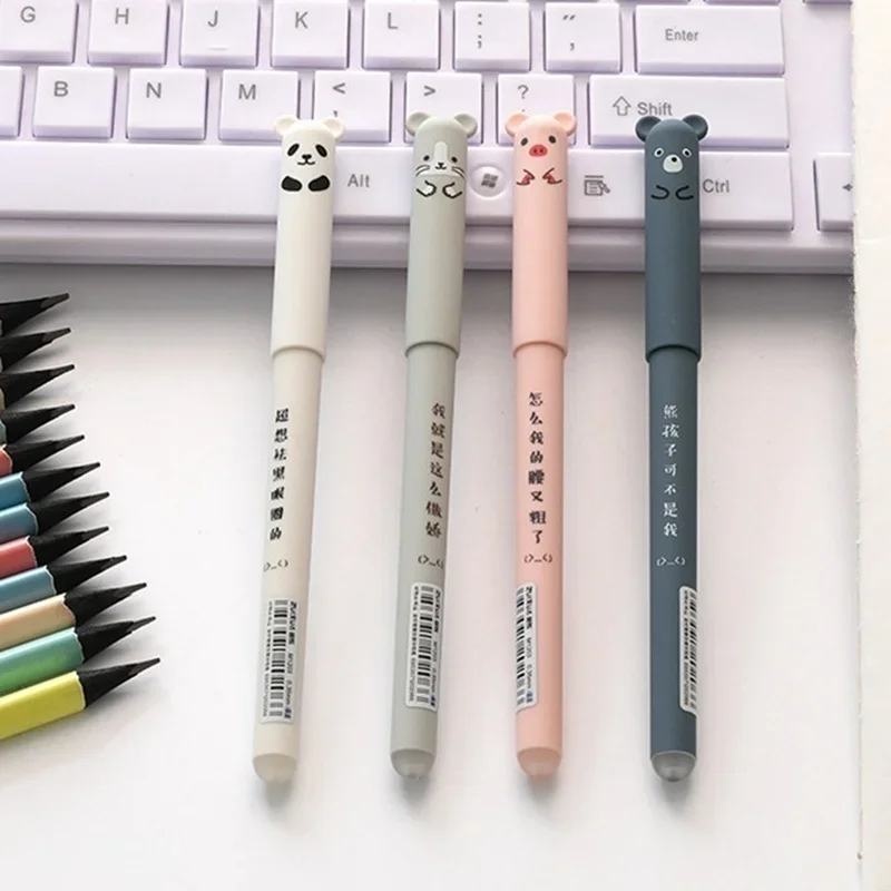 4Pcs Animal Cat Bear Panda Erasable Velvet Gel Pen Rollerball School Office Student 0.38 Mm Writing Supplies Japanese Stationery