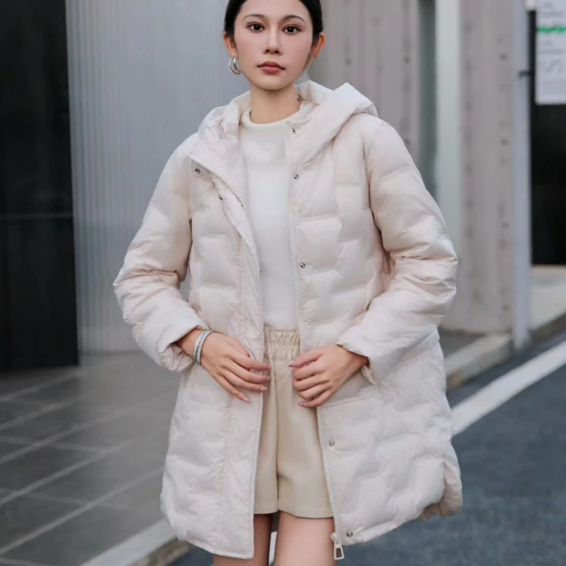 Loose Down Hooded Coat for Women, Middle Long Parkas, Warm Outerwear, Female Fashion, Winter, New, 2021