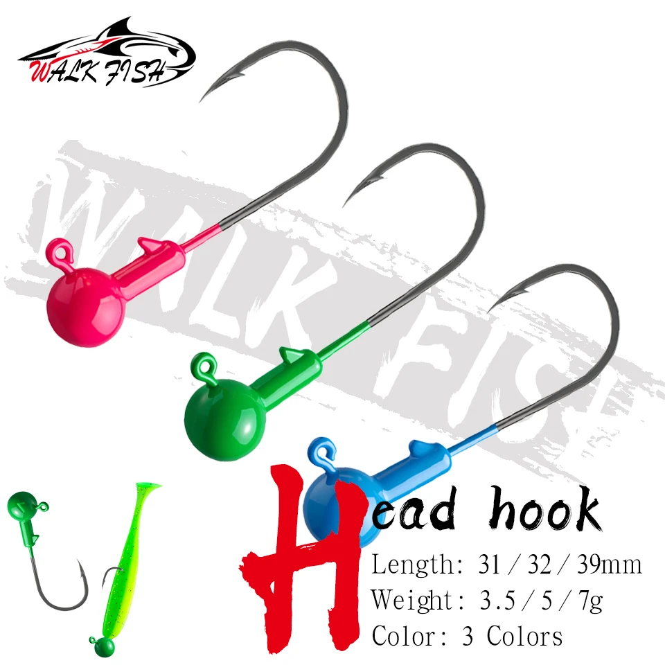 WALK FISH 3Pcs Metal Jig Hooks 3.5g 5g 7g Color Ball Jigging Head Hook Barbed Crank Luminous Shank for Soft Lure Worm Fish hook