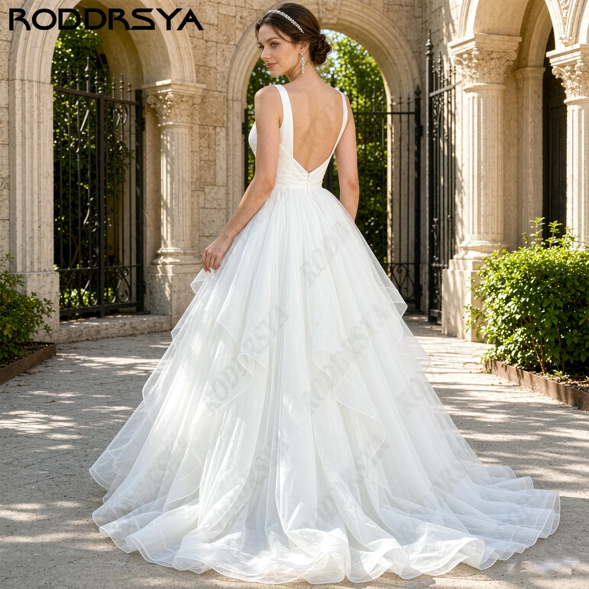 RODDRSYA Custom Made Square Neck Layered Tulle Wedding Dress Wide Straps Open Back A Line Bridal Dress Elegante Vestido De Novia
