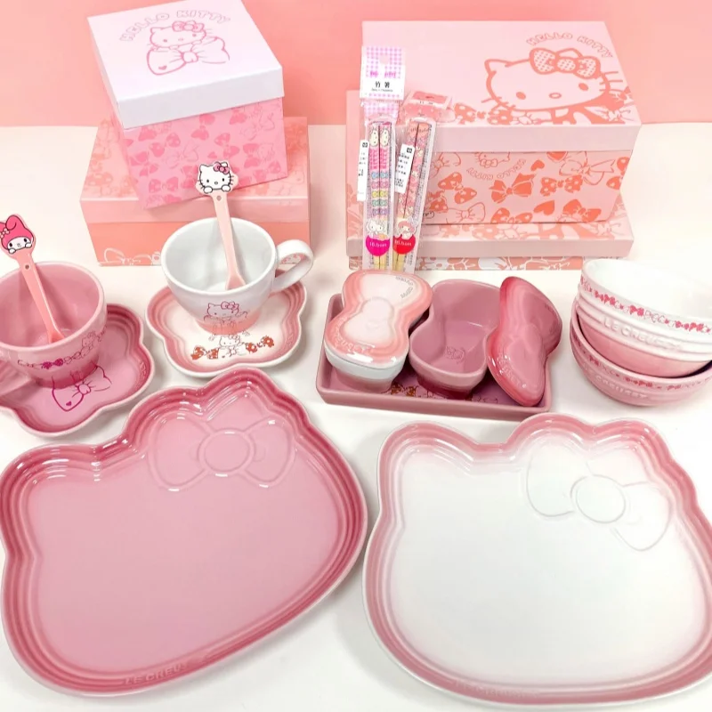 

Sanrio Hello Kitty Ceramic Dinner Plate Tableware Bow Tie Shaped Dinner Plate Rice Bowl Cups And Saucers Set Send Gift