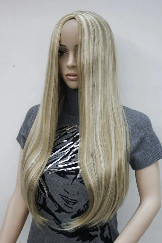 New no bangs honey ash blonde mix long straight synthetic hair women's full wig