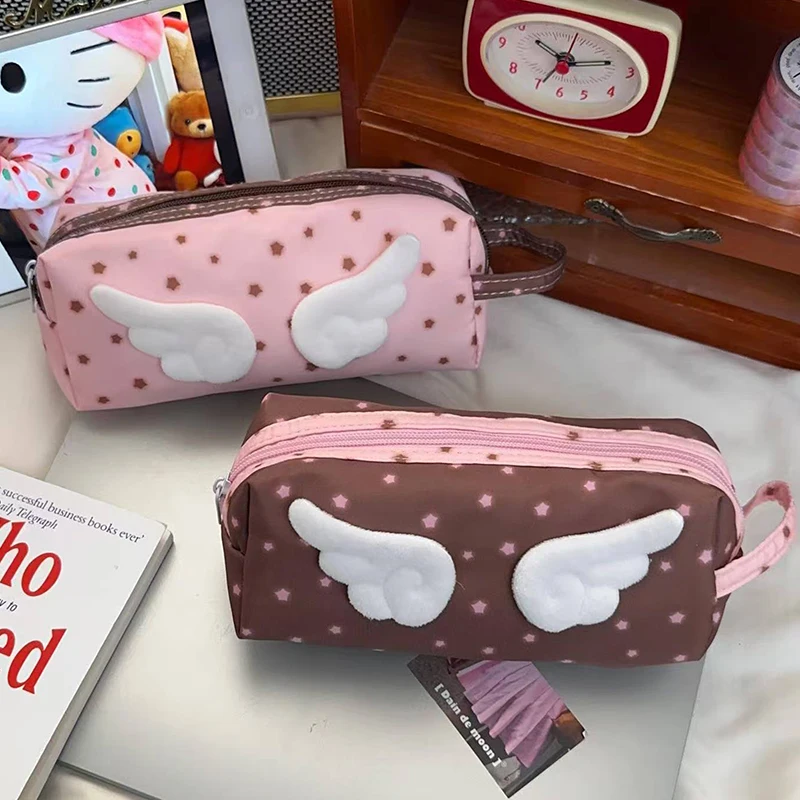 New Cute Angel Wings Pencil Bag Creative Portable Storage Bag with Handle Multi-function Stationery Organizer Students Supplies