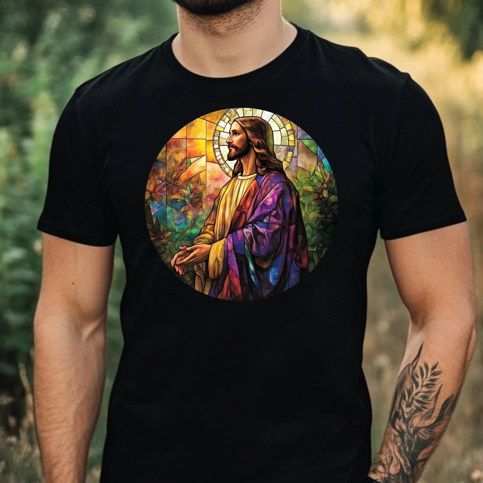 Camiseta masculina de algodão com motivo de vitral Jesus tamanho XS a 5XL