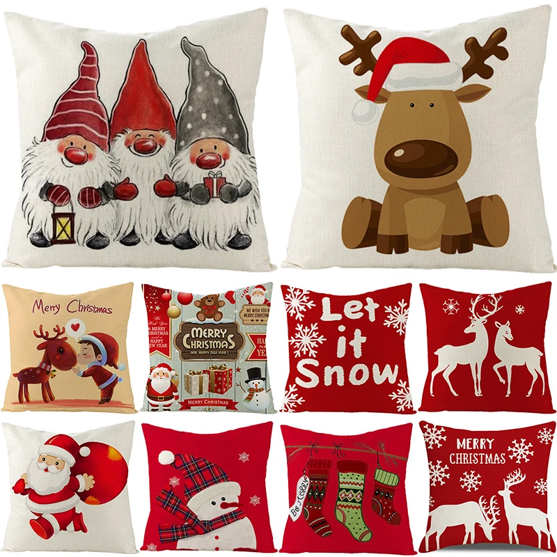 

Christmas Decor Cushion Cover 18 Inches PIllows Cover Santa Elk Dwarf Printed Pillowcases Xmas Home Decorative Throw Pillow Case