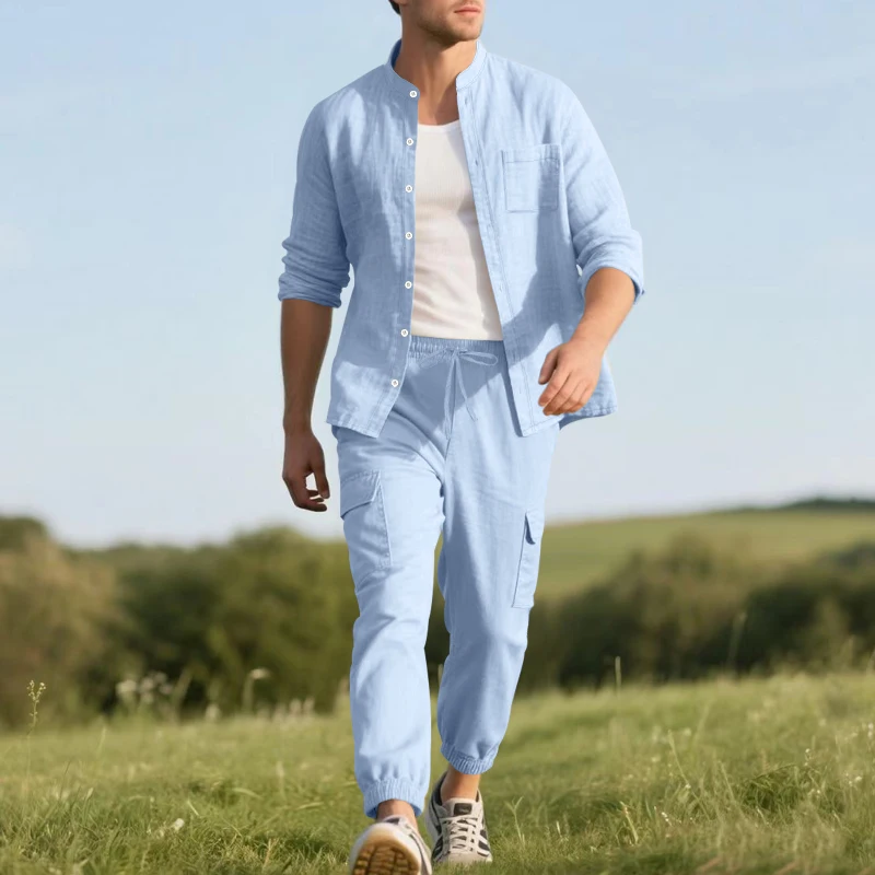 Men's Linen Breathable Two-Piece Set with Stand Collar Long Sleeve Shirt and Work Pants, Summer Beach Casual Outfit view 2