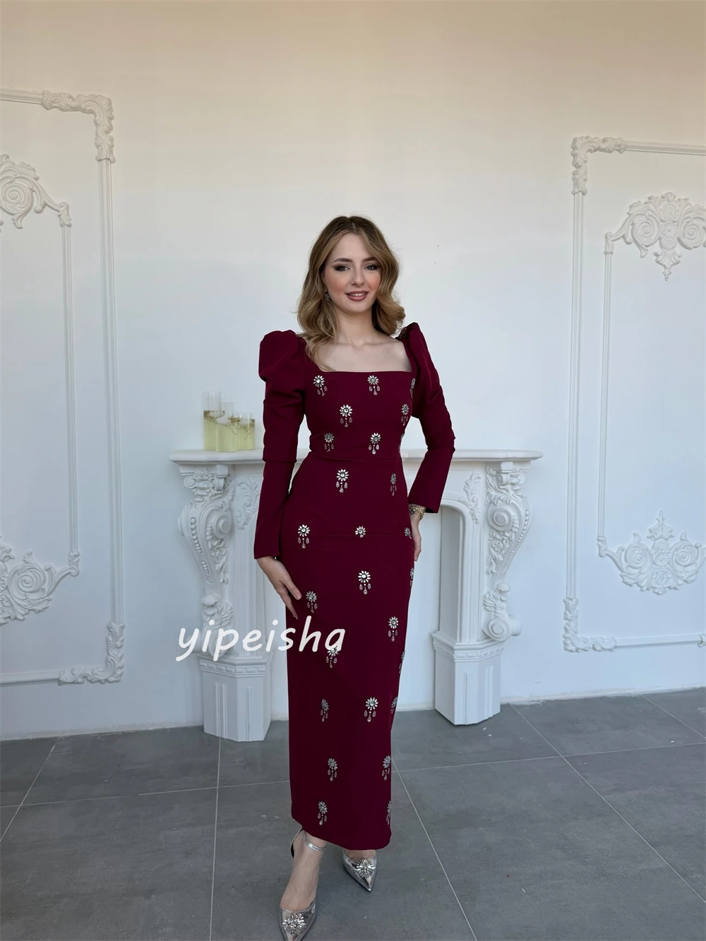 تخصيص الطراز الحديث الكلاسيكي جيرسي حجر الراين الطية مستقيم ساحة الرقبة الكاحل طول فساتين مناسبة مخصصة فساتين الرجعية