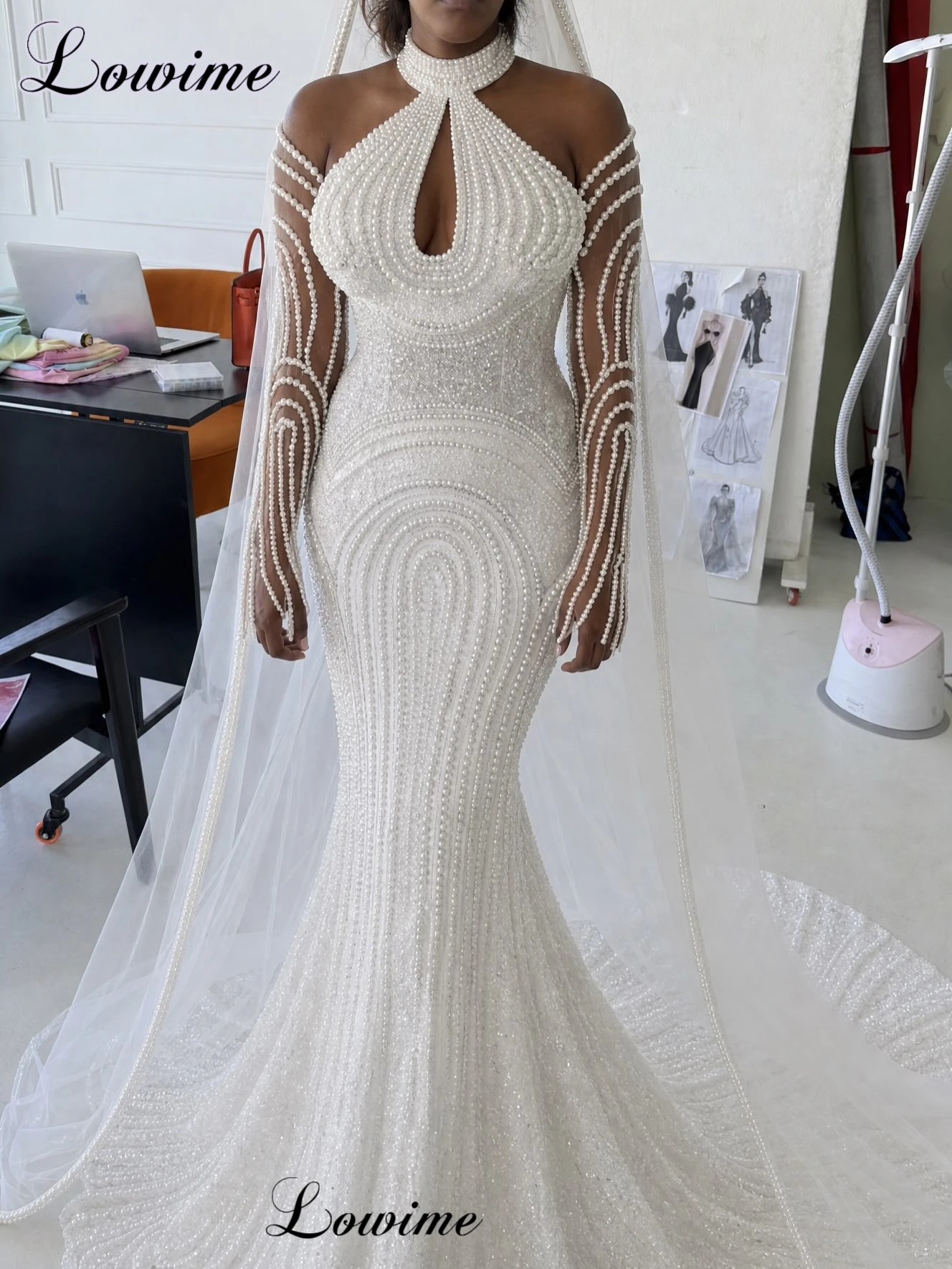2027 New Fashion White Pearls Wedding Dresses Mermaid Halter Elegant Garden Wedding Gown For Brides Vestidos De Novia Customized