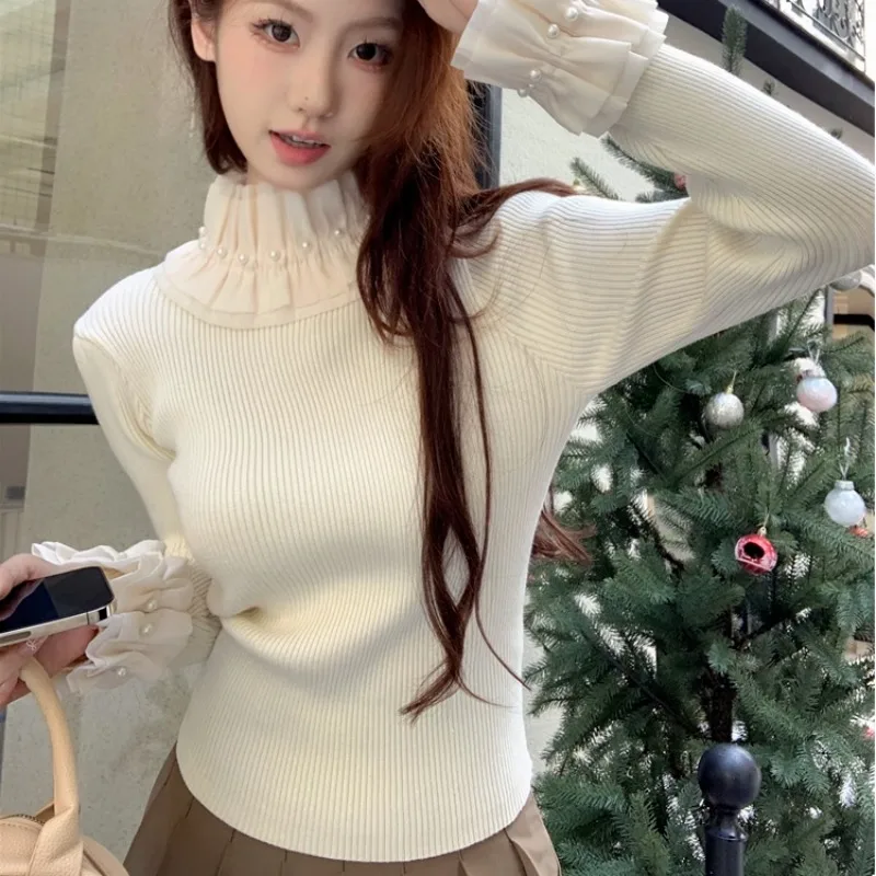 Kobiety Koreańska moda Ruffled Beaded Half High Collar Basic Knitted Sweater Autumn Winter Elegant Chic Long Sleeve Slim Pullovers