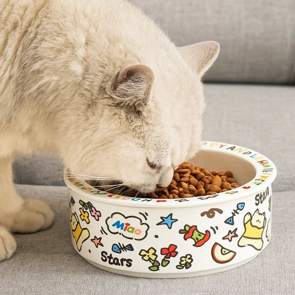 

Anti-Tip Design Ceramic Cat Bowl Cartoon High Temperature Resistance Dog Drinking Water Bowl Cervical Protection Cat Food Bowl