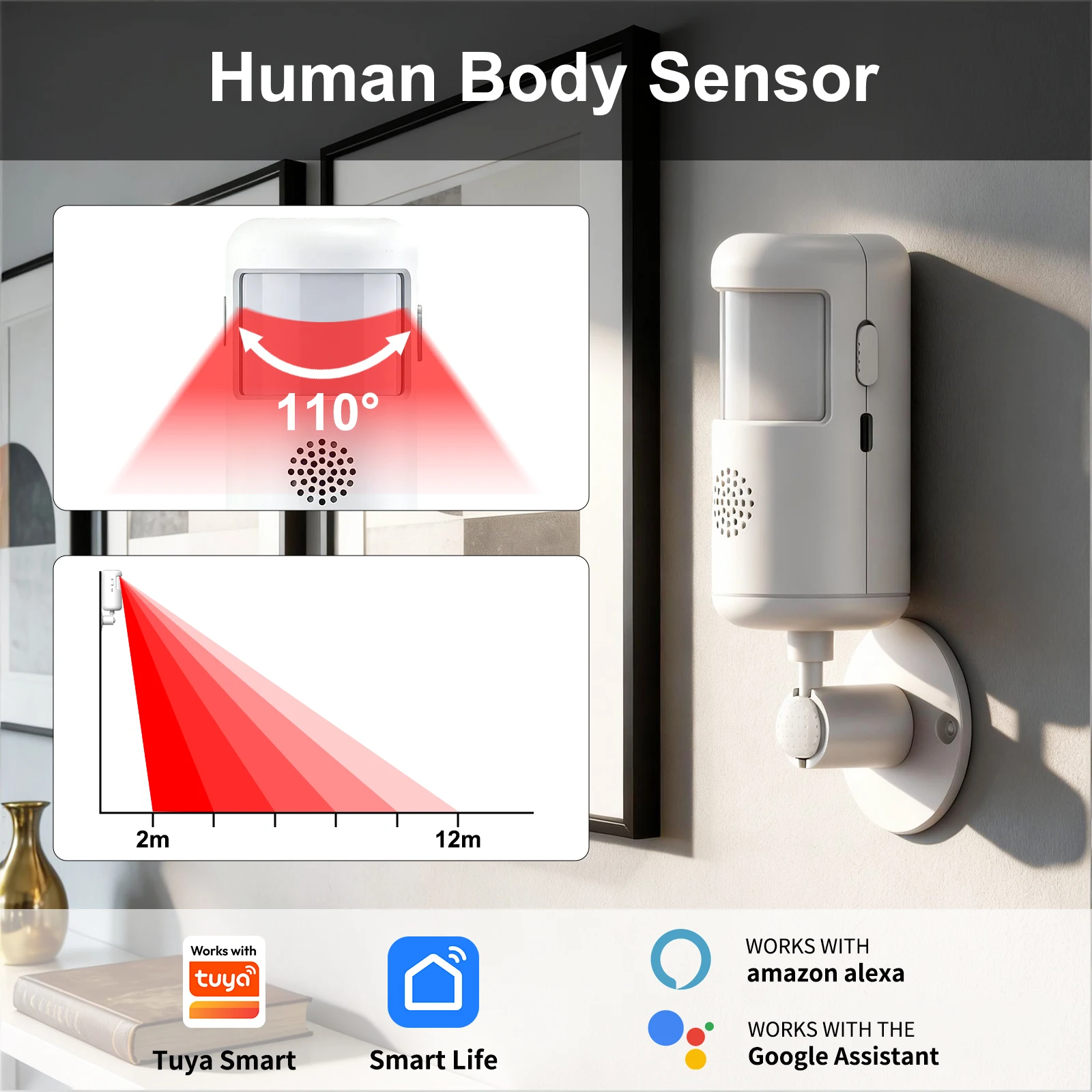 Detector infrarrojo WiFi PGST Tuya para una vida inteligente. Compatible con Amazon Alexa/Google Assistant. Sensor de movimiento PIR.