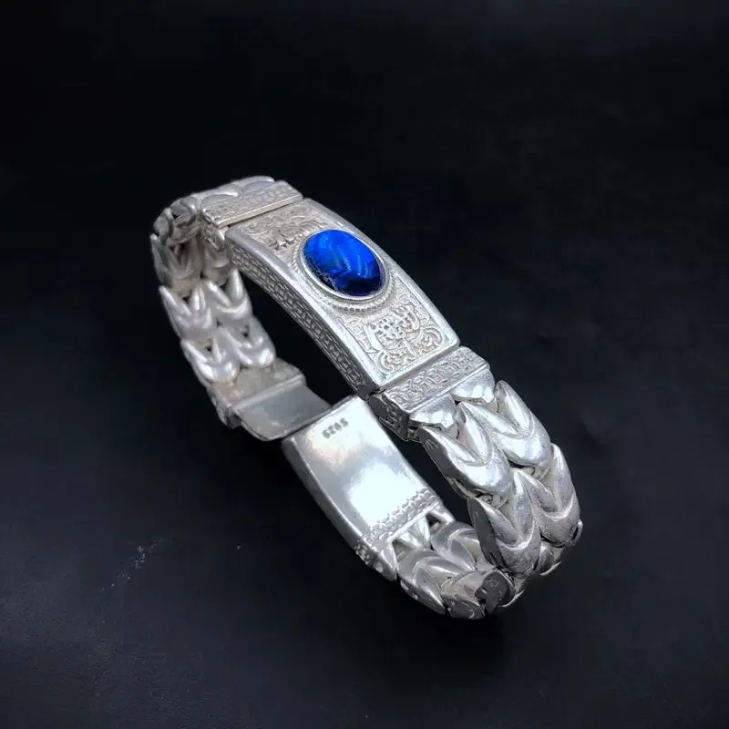 Exquisite Tibetan Silver Ethnic Style Retro Doing Old Inlaid Gemstone Bracelet Bangle Men Women Fine Jewelry Fashion Gift