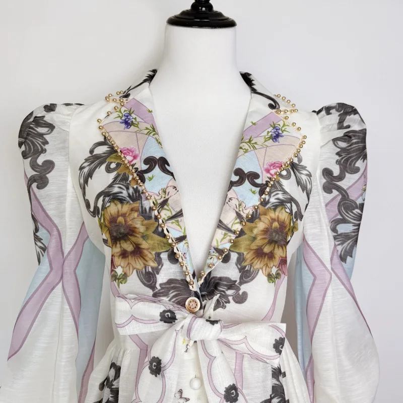 Olśniewający garnitur w kwiatowy wzór z kołnierzykiem, długa spódnica maxi, zdobiona koronką midi, elegancka sukienka Vaion, długa, cienka tkanina.