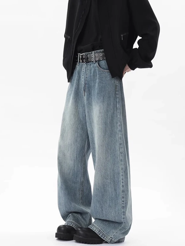 

Retro American High Street Cleanfit Blue Jeans Men's Straight Leg Wide Leg Casual Long Pants mid High Waist Jeans for Teens