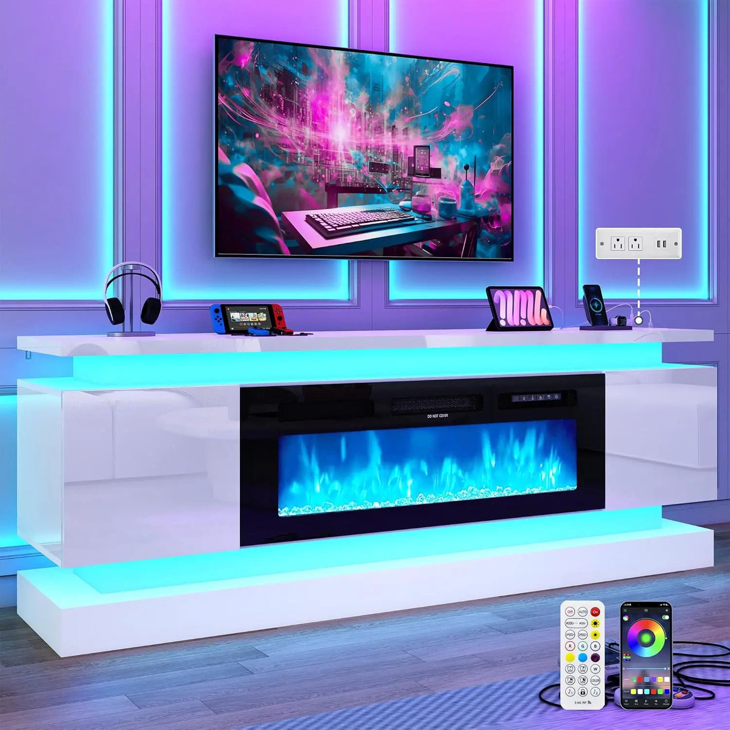 71IN LED TV Stands w/40 inch Fireplace Power Outlet for 85/80/75 Inch TVs,High Glossy Modern TV Media Console Gaming, view 4