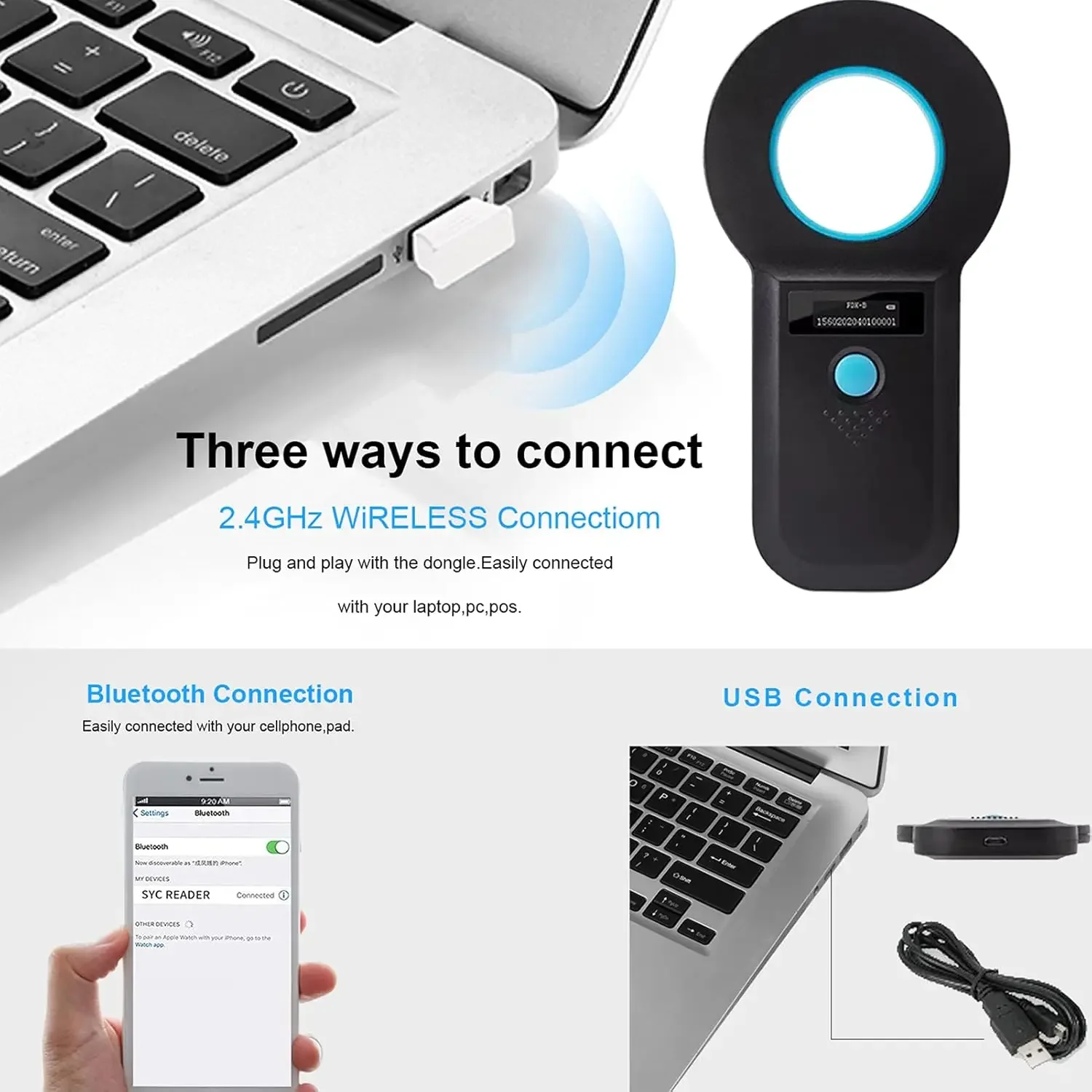 Pemindai Pembaca Microchip Hewan Peliharaan RFID EMID Pemindai Chip Hewan Peliharaan Portabel Penyimpanan Data Isi Ulang Tag Hewan untuk ISO 11784/11785,FDX-B