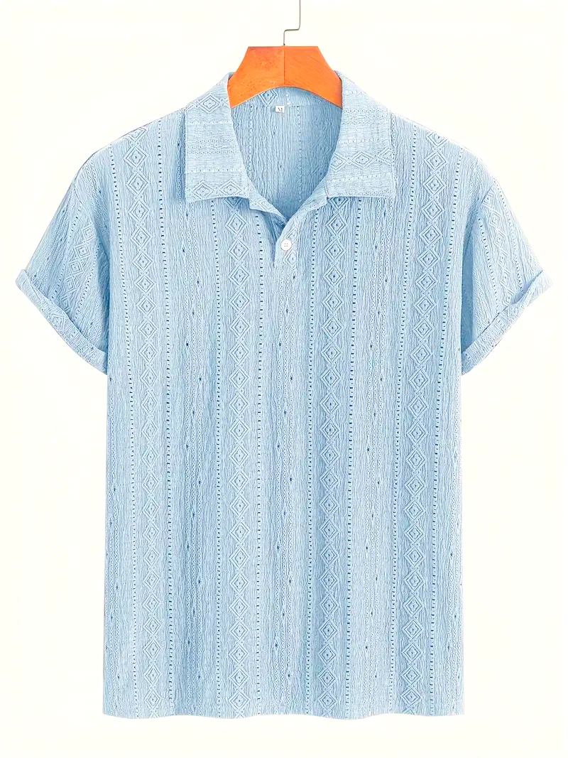GELITAYIN Men's Knitted Shirt Hollow Embroidery Casual Short Sleeves Button Collar Outdoor Beach Clothes Summer Clothes Popular