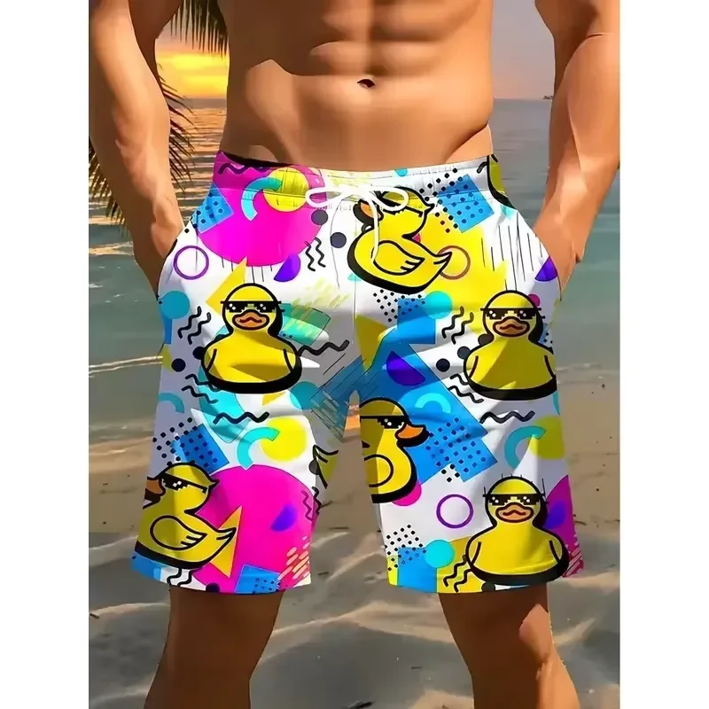 Casual Cool Shorts Men 2026 Digital Printed Duck Quick Dry Beach Swimwear Cartoon Geometric Pattern Adjustable Drawstring