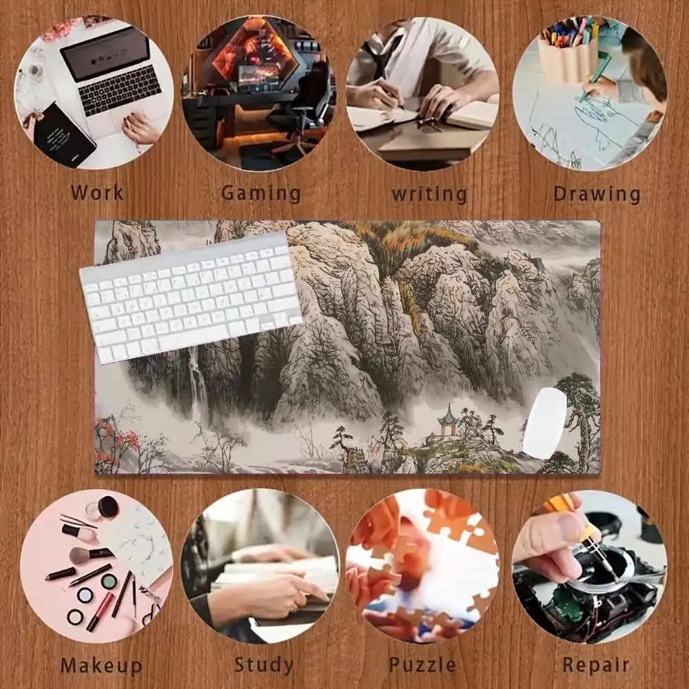 Ink wash style cherry blossom pagoda scenery large mouse pad desk pad rubber anti-slip edge locking office mat pc accessories