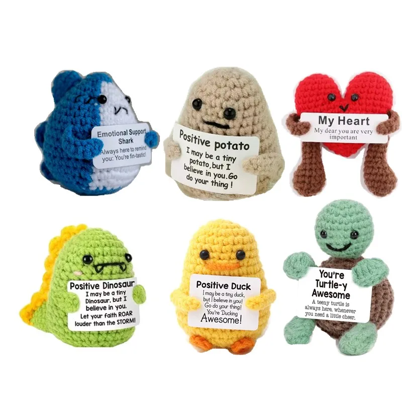 Divertida muñeca de tiburón de energía positiva de ganchillo con tarjeta, decoración de la habitación del hogar, adorno de abeja de flor hecho a mano, regalos de navidad