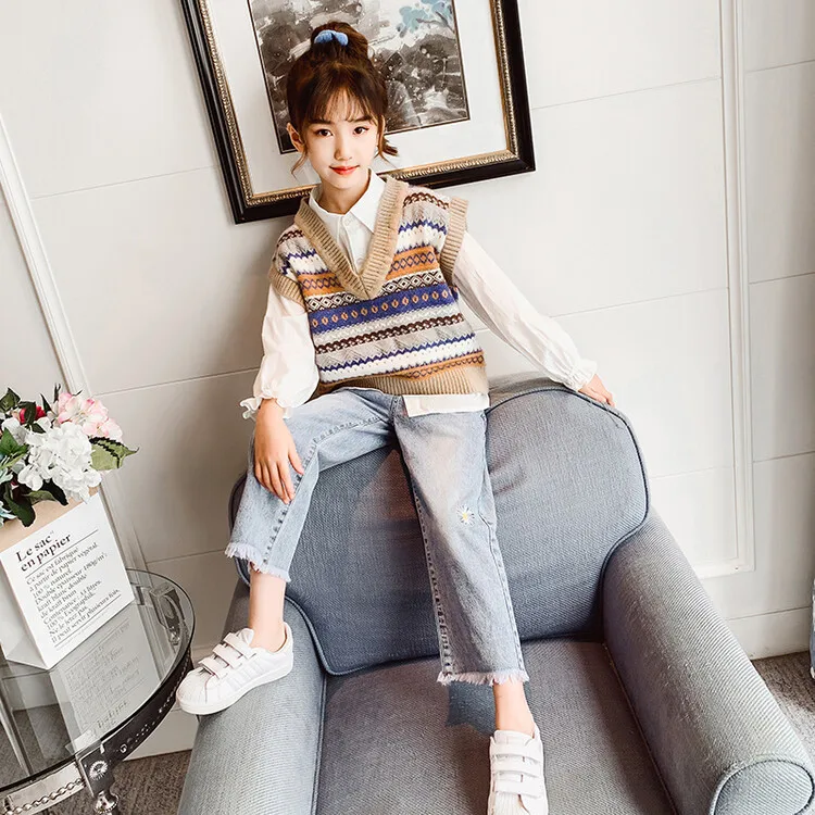 

Осенний детский комплект из 3 предметов для девочек, однобортная футболка с длинными рукавами + полосатый жилет + джинсовые штаны с эластичной резинкой на талии, детские комплекты для девочек