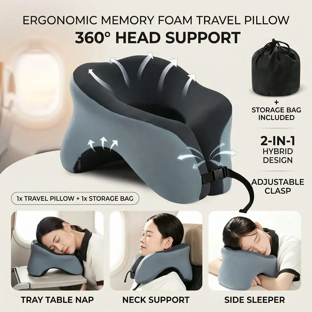 Travel Pillow For Airplanes With 360 Head Support,Memory Foam 2-In-1 Neck Pillow Airplane,Travel Neck Pillow With Storage Bag,Adjustable Clasp For Travel,Home,Office,And Gaming