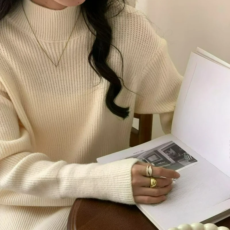 Vestido de malha semi-alto, cor sólida, outono/inverno, novo estilo, camada interna espessada, comprimento do joelho, vestido longo de suéter para mulheres